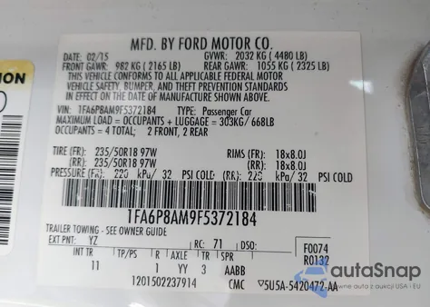 2015 Ford Mustang V6 из США, поврежденный, VIN 1FA6P8AM9F5372184